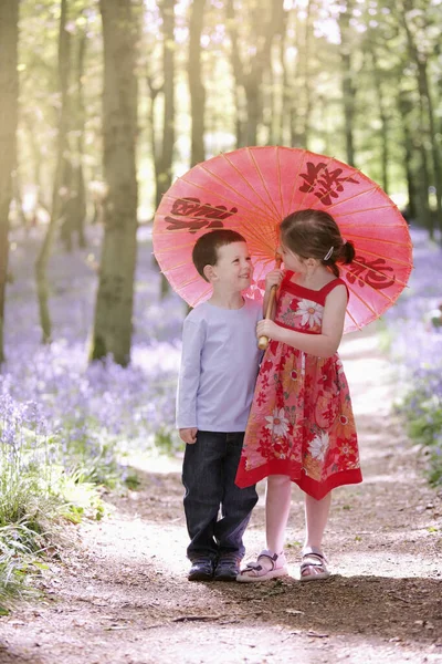 男の子と女の子が傘を共有する — ストック写真