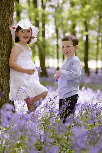 花の分野の男の子と女の子 — ストック写真