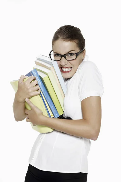 Vrouw Met Een Stapel Boeken — Stockfoto