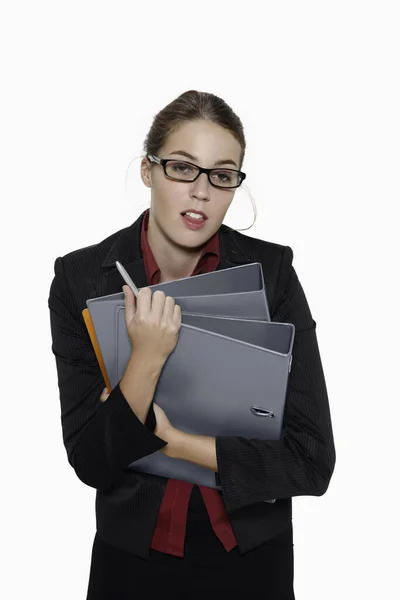 Mujer Negocios Con Carpetas Que Parecen Cansadas — Foto de Stock