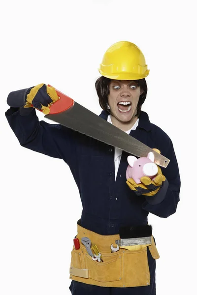 Homem Tentando Cortar Porquinho Banco — Fotografia de Stock