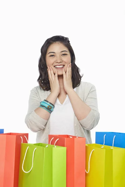 Mulher Feliz Com Uma Expressão Facial Surpresa — Fotografia de Stock