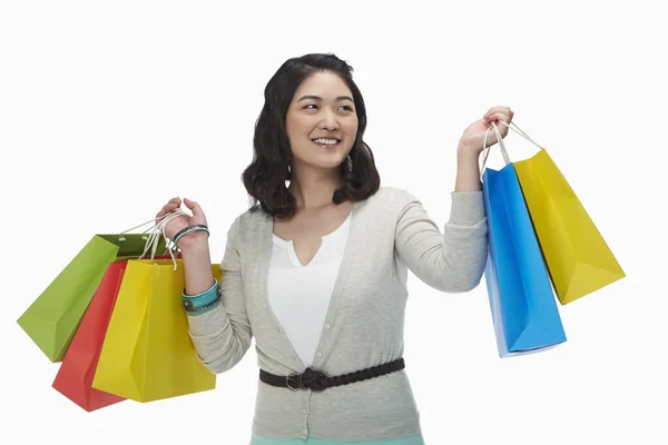 Femme Heureuse Tenant Des Sacs Papier Colorés — Photo