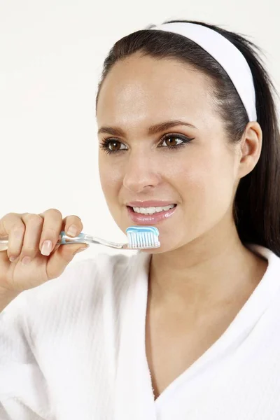 Woman Bathrobe Brush Her Teeth — Stock Photo, Image