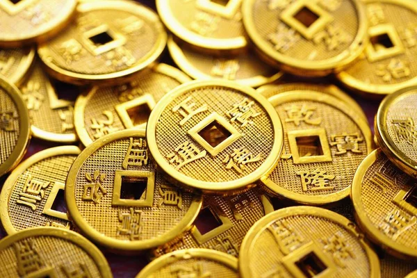 Oro Monedas Chinas Vista Cerca — Foto de Stock