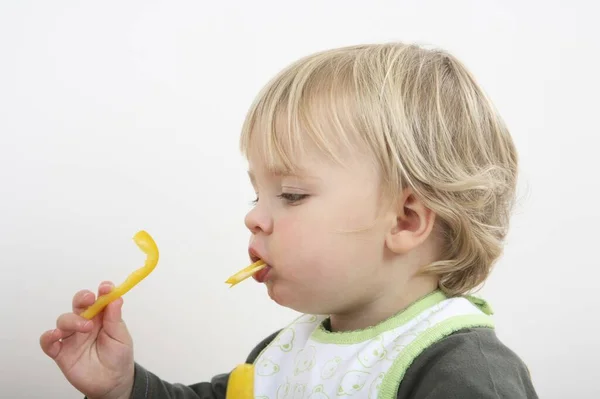 Enfant Âge Préscolaire Avec Bavette Mangeant Capsicum Tranché — Photo