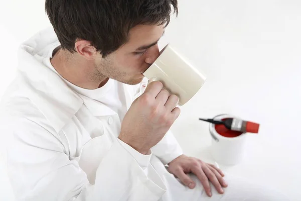 Homme Buvant Une Tasse Thé Faisant Une Pause — Photo