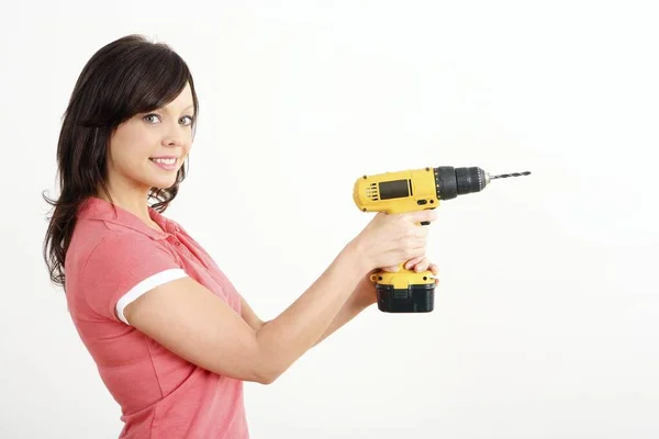 Frau Mit Bohrmaschine — Stockfoto