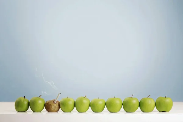 Rotten apple smoking cigarette in between fresh green apples
