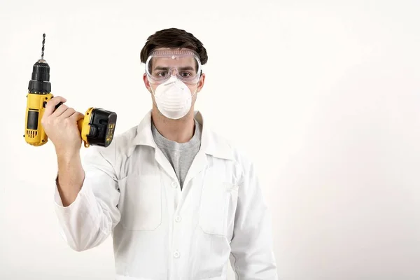 Man Safety Mask Goggles Holding Power Drill — Stock Photo, Image