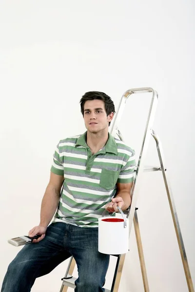 Man Holding Bucket Paint Paintbrush Sitting Ladder — Stock Photo, Image