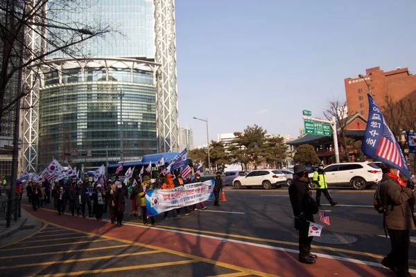 Seúl Corea Del Sur Febrero 2019 Capturada Una Protesta Centro — Foto de Stock