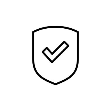 Beyaz arkaplanda kalkan kontrol simgesi simgesi izole edildi. Koruma onayı işareti. Güvenli simge vektosu