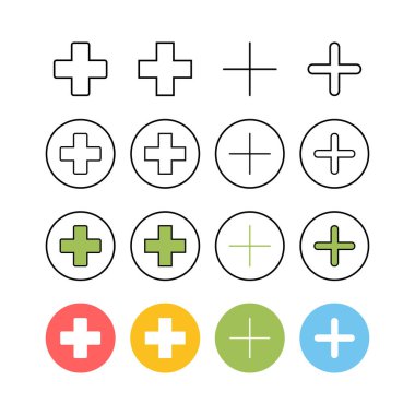 Artı Simgeler Seti. Artı simge ekle. Toplama işareti. Tıbbi artı ico.