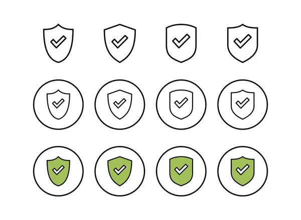 Conjunto Iconos Logotipo Marca Verificación Shield Protección Aprueba Signo Icono — Archivo Imágenes Vectoriales