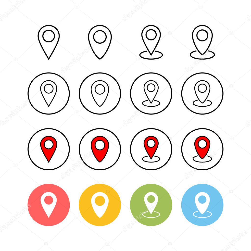 Set of Pin icons. Location icon. Map pointer icon. Point. Locator. Addres