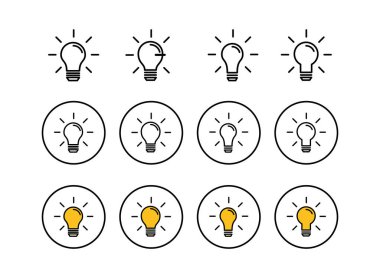 Lamba simgeleri seti. Ampul simgesi vektörü. Fikir vektörü ico