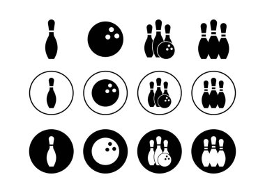 Bowling oyunu Pin Icons seti. Bowling ikonu, top ve pi