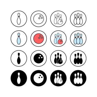 Bowling oyunu Pin Icons seti. Bowling ikonu, top ve pi