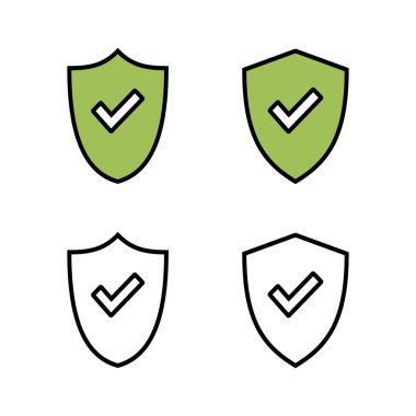 Kalkan kontrol işareti simgeleri seti. Koruma onayı işareti. Güvenli simge vektörü