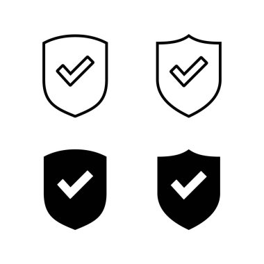 Kalkan kontrol işareti simgeleri seti. Koruma onayı işareti. Güvenli simge vektörü
