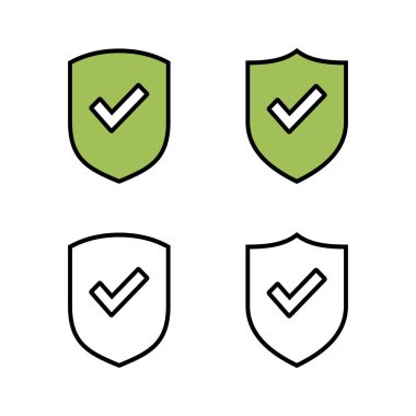 Kalkan kontrol işareti simgeleri seti. Koruma onayı işareti. Güvenli simge vektörü