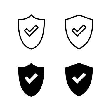 Kalkan kontrol işareti simgeleri seti. Koruma onayı işareti. Güvenli simge vektörü