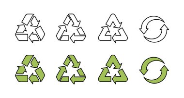 Geri Dönüşüm simgeleri vektörü kümesi. Geri dönüşüm ve ambalaj işareti. ortam simgesi