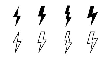 Şimşek simgeleri dizisi. Kilit simgesi vektörü. Enerji ve gök gürültüsü elektrik simgesi