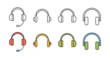 Kulaklık ikonları. Kulaklık vektör simgesi. Ara bizi. Bizimle irtibata geç.