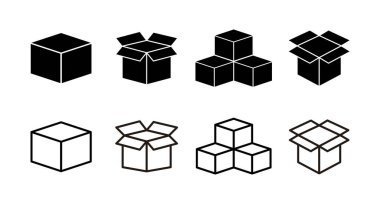 Kutu simgeleri. Karton kutu, ambalaj açık. Kutu simgesi vektörünü aç