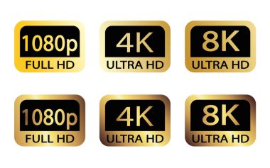 Siyah, beyaz ve altın renkli video veya ekran çözünürlüğü simgeleri. 1080p 'den 8K' ya ayarlayın. 8K UHD, Rec 'te tanımlanan en yüksek çözünürlüktür. 2020 standart.