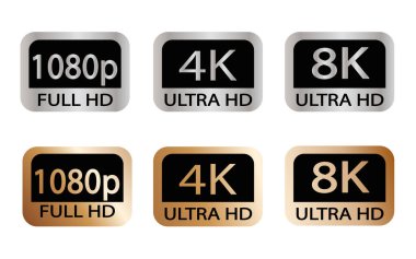 Siyah, beyaz ve altın renkli video veya ekran çözünürlüğü simgeleri. 1080p 'den 8K' ya ayarlayın. 8K UHD, Rec 'te tanımlanan en yüksek çözünürlüktür. 2020 standart.