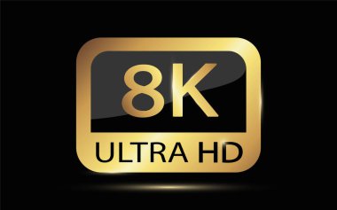 Siyah, beyaz ve altın renkli video veya ekran çözünürlüğü simgeleri. 1080p 'den 8K' ya ayarlayın. 8K UHD, Rec 'te tanımlanan en yüksek çözünürlüktür. 2020 standart.
