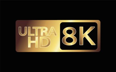 Siyah, beyaz ve altın renkli video veya ekran çözünürlüğü simgeleri. 1080p 'den 8K' ya ayarlayın. 8K UHD, Rec 'te tanımlanan en yüksek çözünürlüktür. 2020 standart.