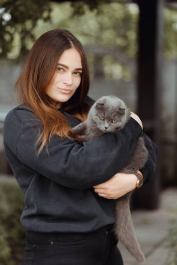 Şirin İngiliz Shorthair kedisinin kahverengi gözlü portresi. Kadın uzun saçlı kediciğine sarılıyor..