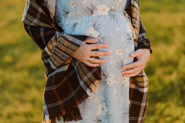 Een jonge aantrekkelijke zwangere vrouw staat in het park en legt haar handen op de zwangere buik. — Stockfoto