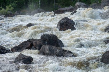 Büyük siyah taşları olan sıradışı nehir akıntısı