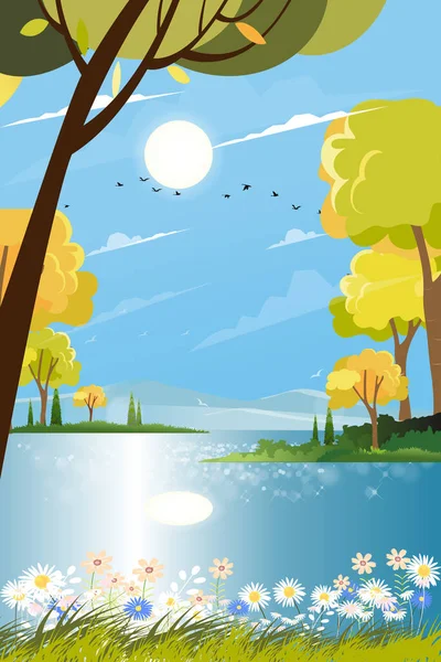 Vertical Banner Spring Village Lake View Mountains Blue Sky Vector — Stock Vector