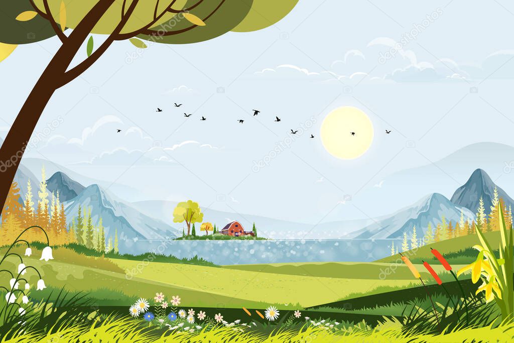 Spring landscape in village with farmhouse by the lake and mountain, green meadow on hills with blue sky, Vector cartoon sunny day Summer in countryside,  grass field and wild flowers 