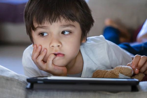 Kid Sad Face Looking Deep Thought Bored Child Boy Lying — Stock Photo, Image
