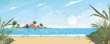 Panorama manzaralı tropikal okyanus kıyısı ve adada hindistan cevizi palmiyesi ağacı, panoramik deniz manzarası plajı ve mavi gökyüzü ile kum, Yaz için Vector çizimi düz doğa karikatürü 
