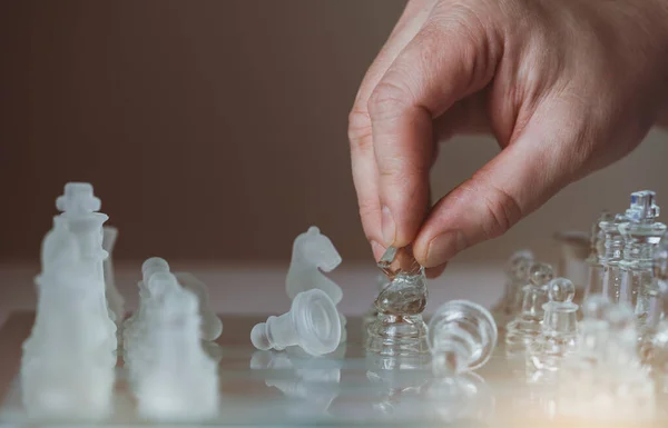 Selective Focus Hand Businessman Moving Chess Knight Competition Business Leader — Stock Photo, Image