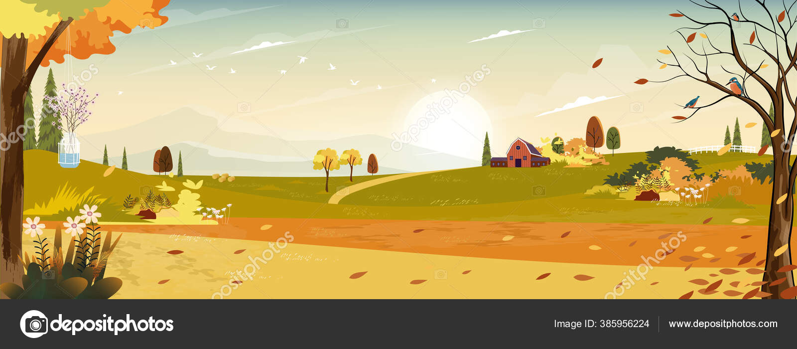 언덕에 나무로 헛간과 자라는 풍경의 지형과 뒤쪽으로 석양이 보이고 나무에서 스톡 벡터 - ©annbkk.gmail.com  385956224, image size:1600x700