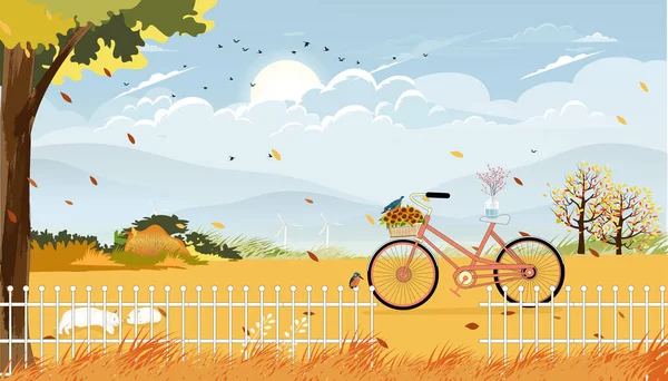 Campos Del Fram Del Paisaje Del Otoño Con Bicicleta Vectores — Archivo Imágenes Vectoriales