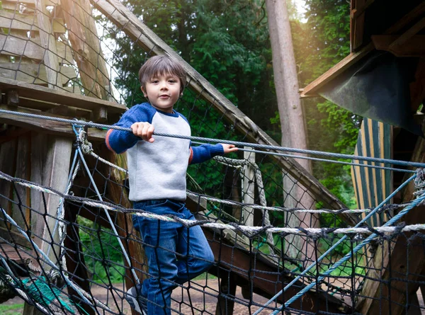 Happy Kid Standing Robe Tree House Playground Active Child Wearing — Stock fotografie