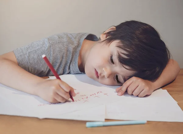 Emotional Portrait Lonely Child Writing Messages His Mother Preschool Kid — Stock Photo, Image