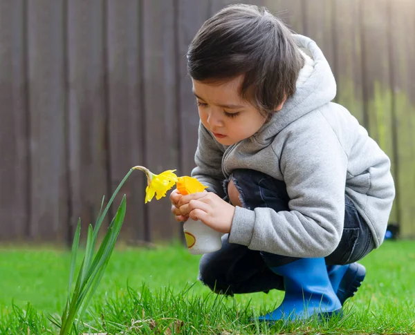 Criança Ativa Usando Flores Rega Garrafa Spray Jardim Criança Pulverizando — Fotografia de Stock