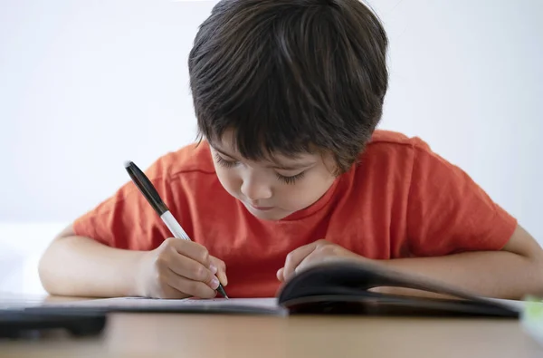 Portret Van Peuter Jongen Zittend Tafel Huiswerk Maken Met Witte — Stockfoto