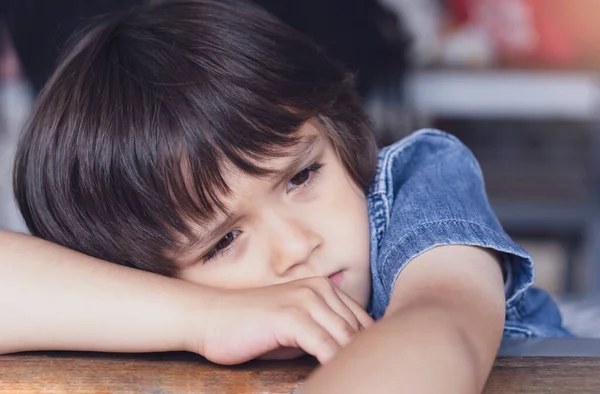 Upset Little Boy Sitting Alone Table Kid Sad Face Unhappy — Stock Photo, Image